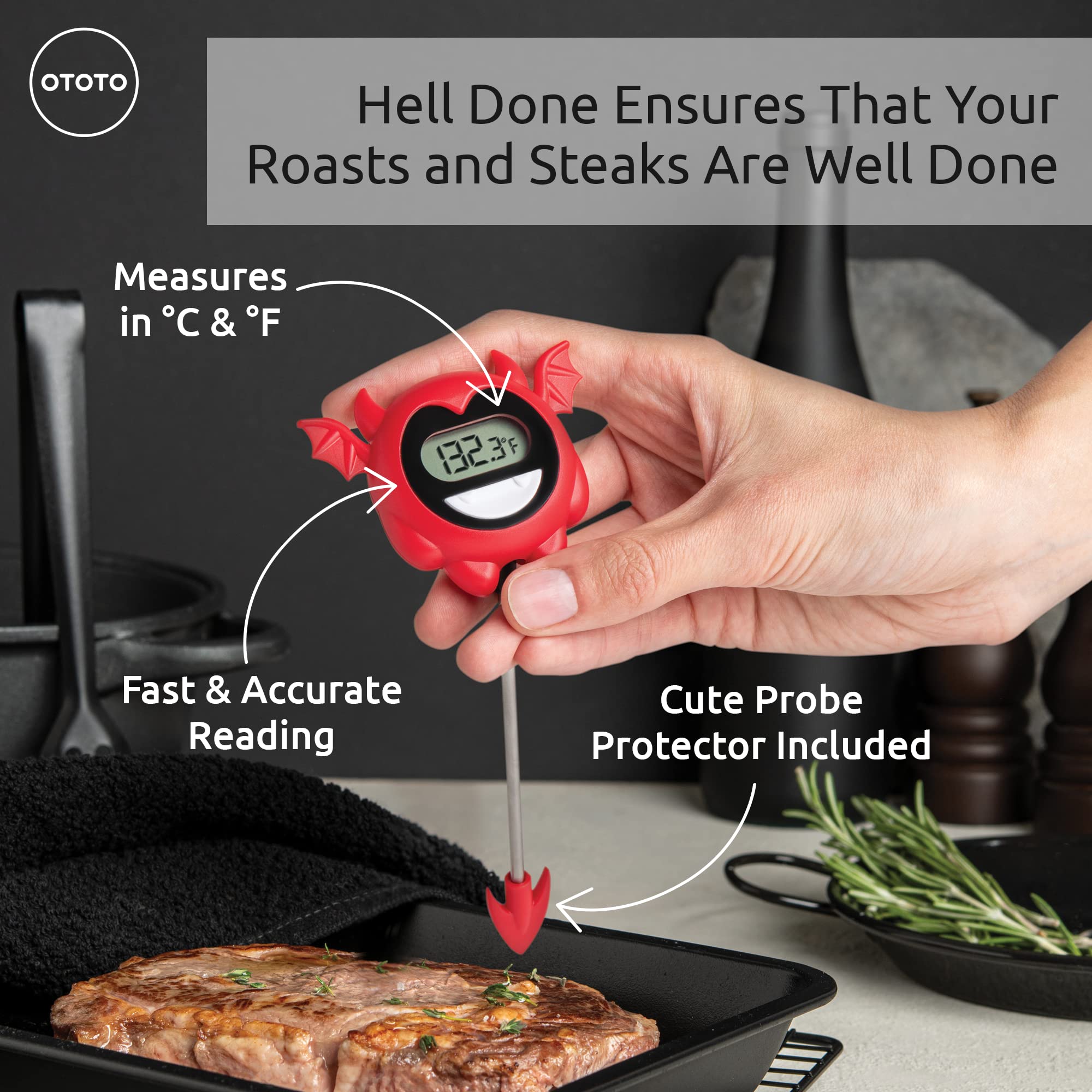 OTOTO Hell Done probe inserted into meat for fast temperature checks while grilling