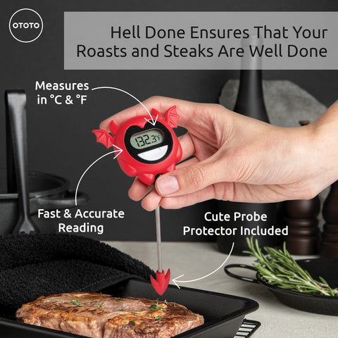 OTOTO Hell Done probe inserted into meat for fast temperature checks while grilling