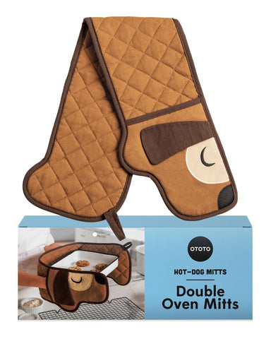 OTOTO hot-dog double oven mitts in brown with dachshund design for heat protection