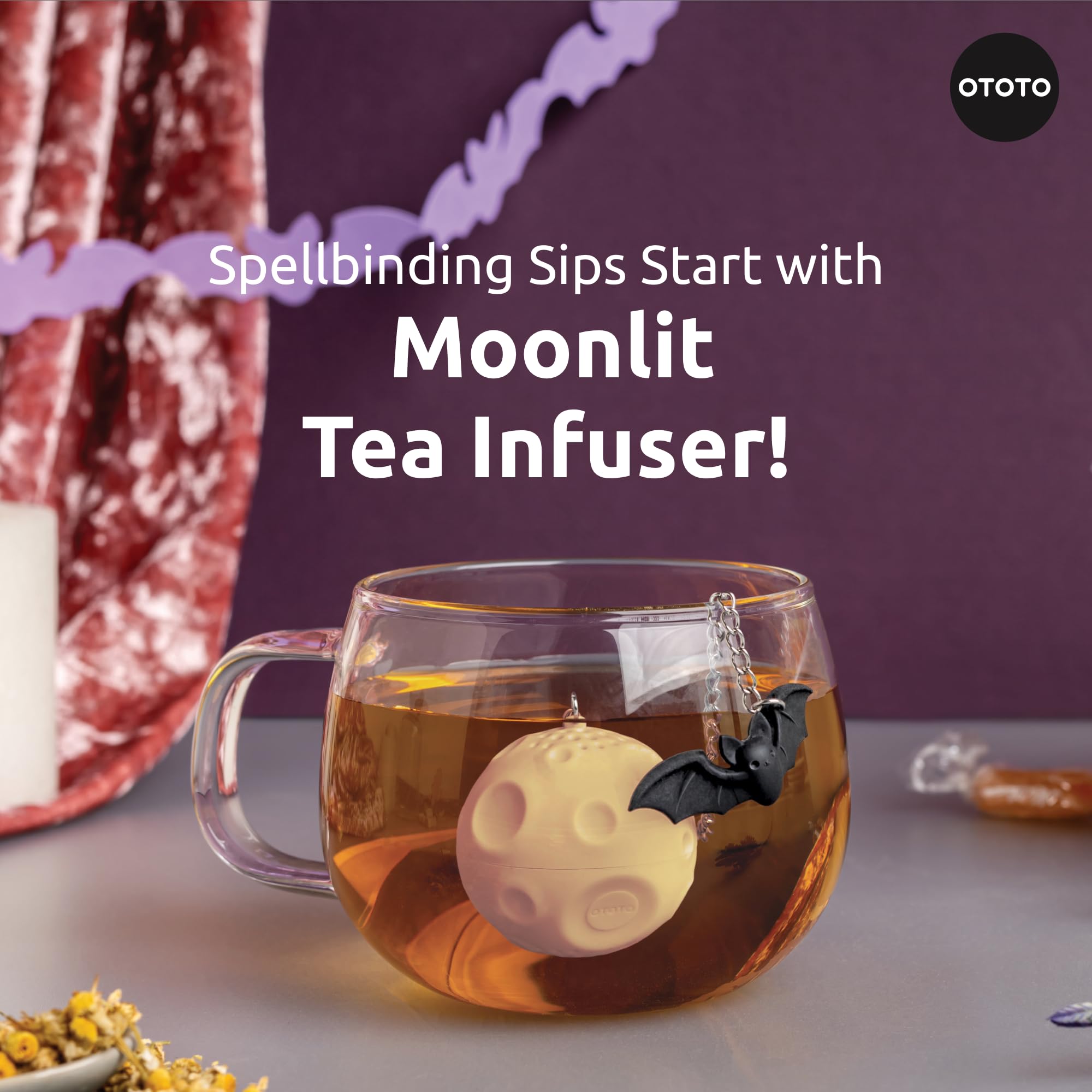 OTOTO Moonlit bat-chain infuser designed for secure, spill-free steeping.