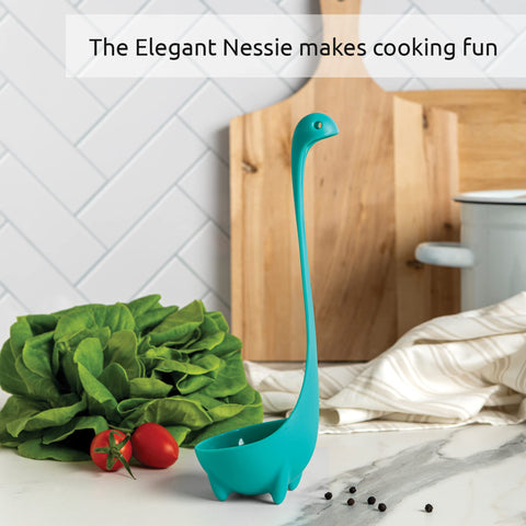 OTOTO Nessie ladle beside pot highlights heat tolerance and durability.