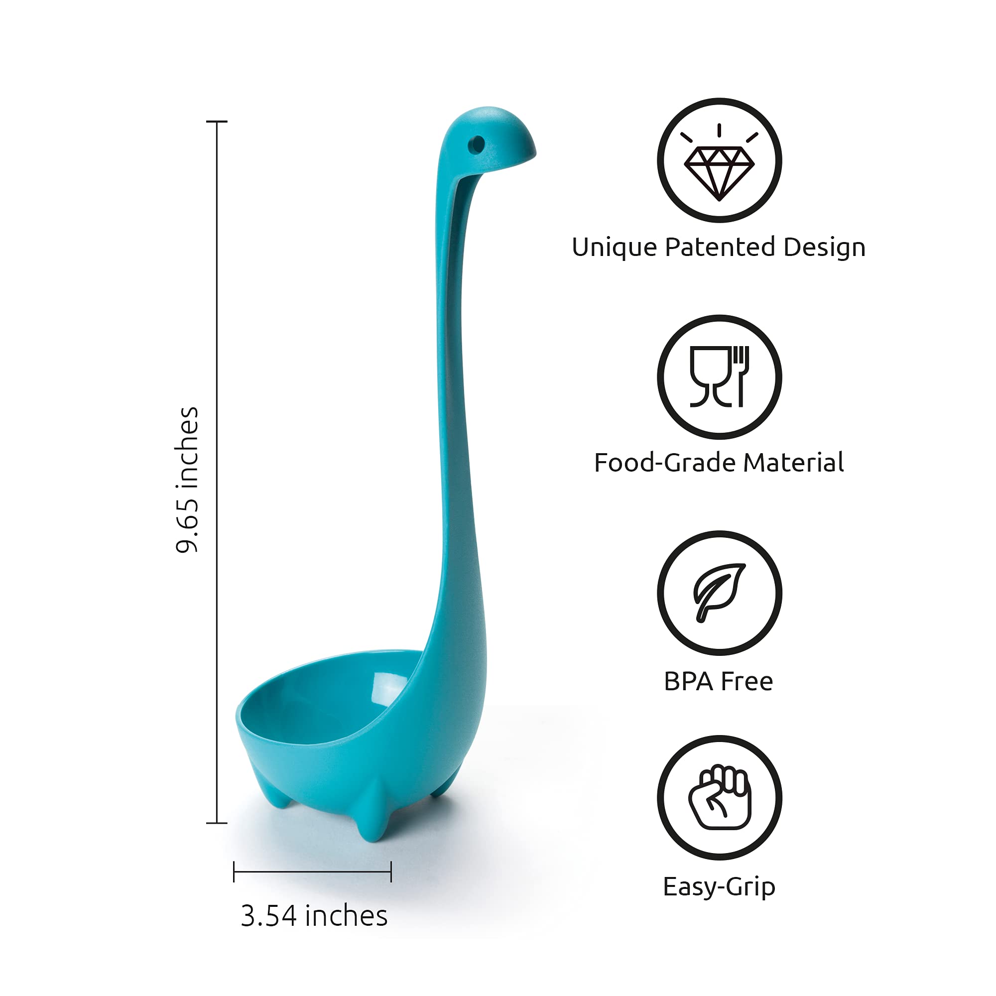 OTOTO Nessie ladle in action scooping soup with an ergonomic grip.