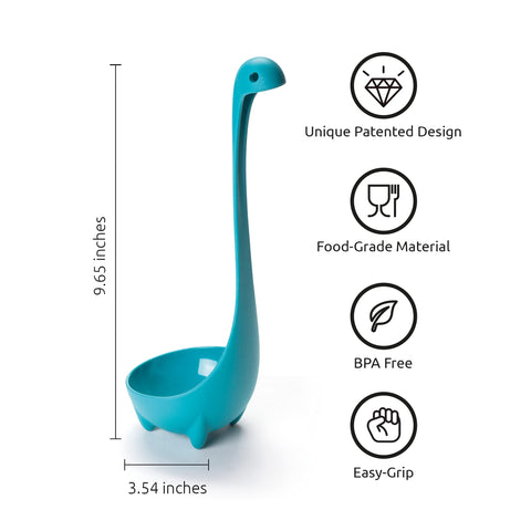 OTOTO Nessie ladle in action scooping soup with an ergonomic grip.