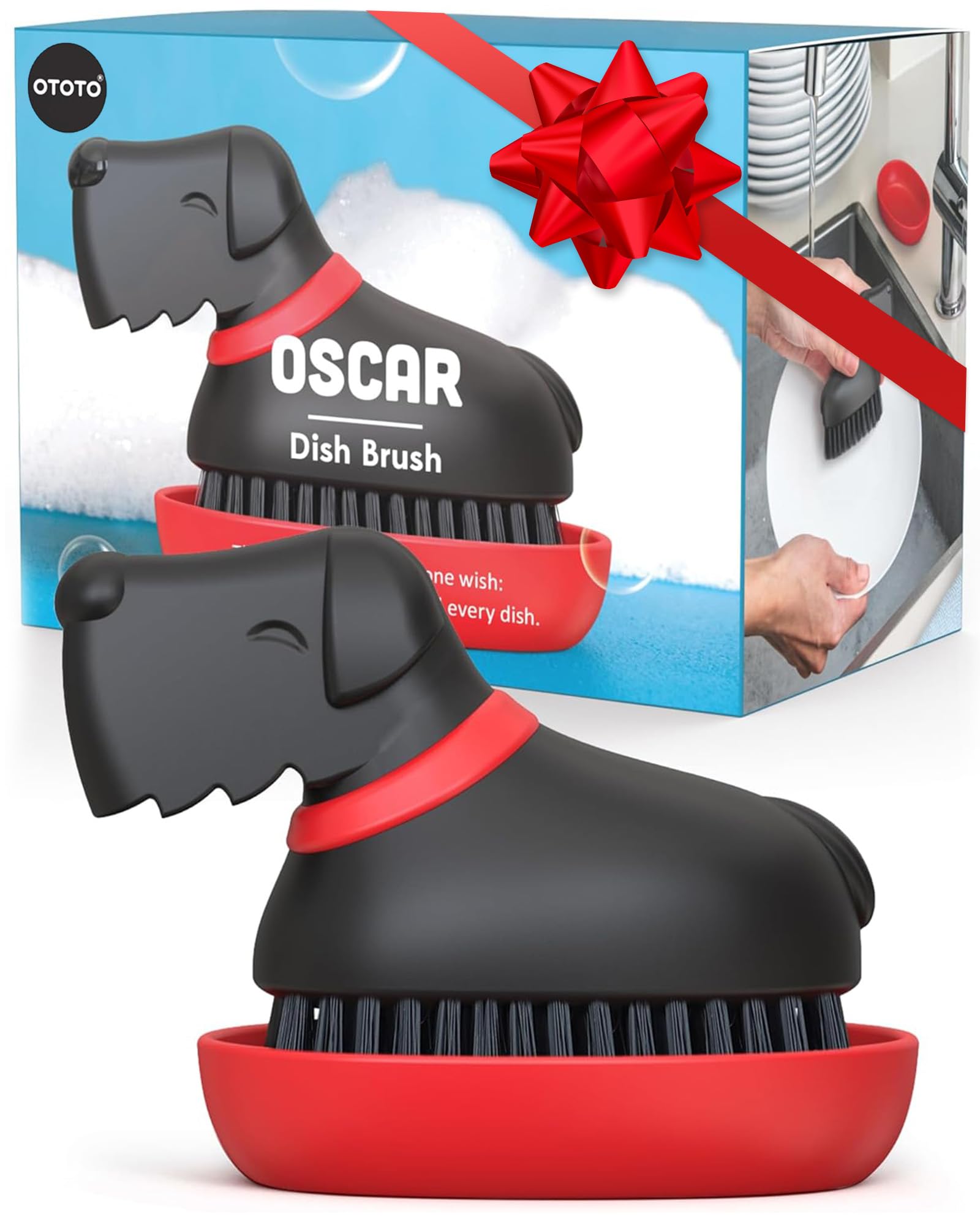 OTOTO Oscar dog dish brush with an easy-grip handle for quick cleaning.
