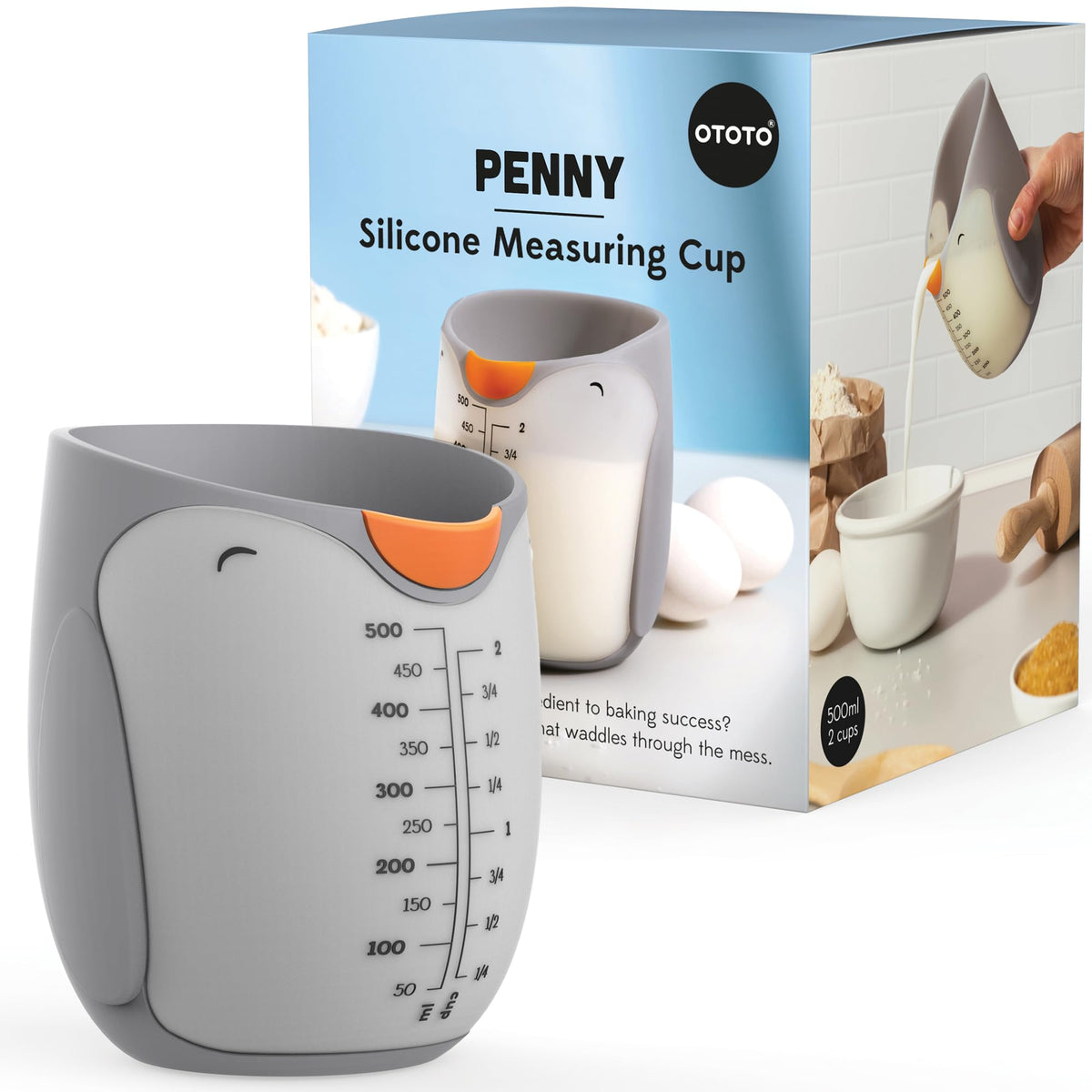 OTOTO Penny Penguin 500ml measuring cup with clear marks for accurate batter and sauce measurements.