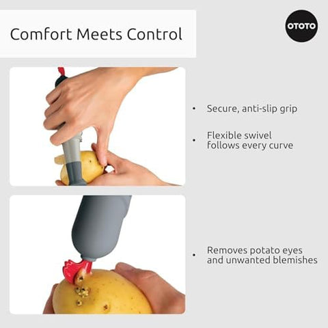 OTOTO Sir Peels A-Lot ergonomic grip reduces fatigue during longer prep sessions.
