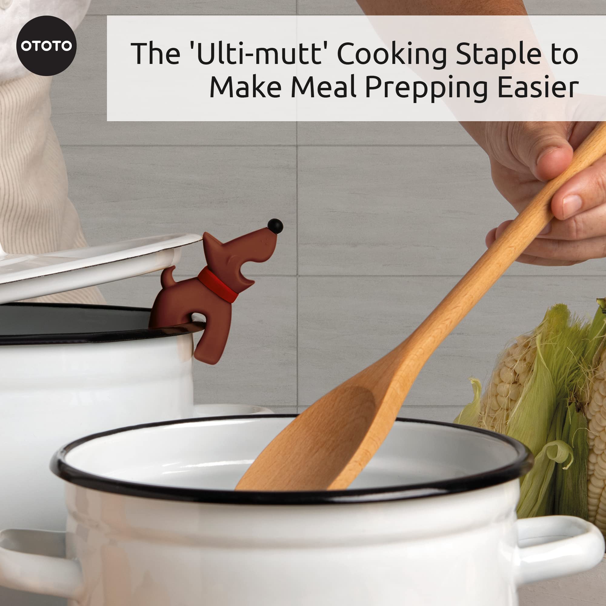 OTOTO spoon rest on pot keeps ladle within reach during cooking.