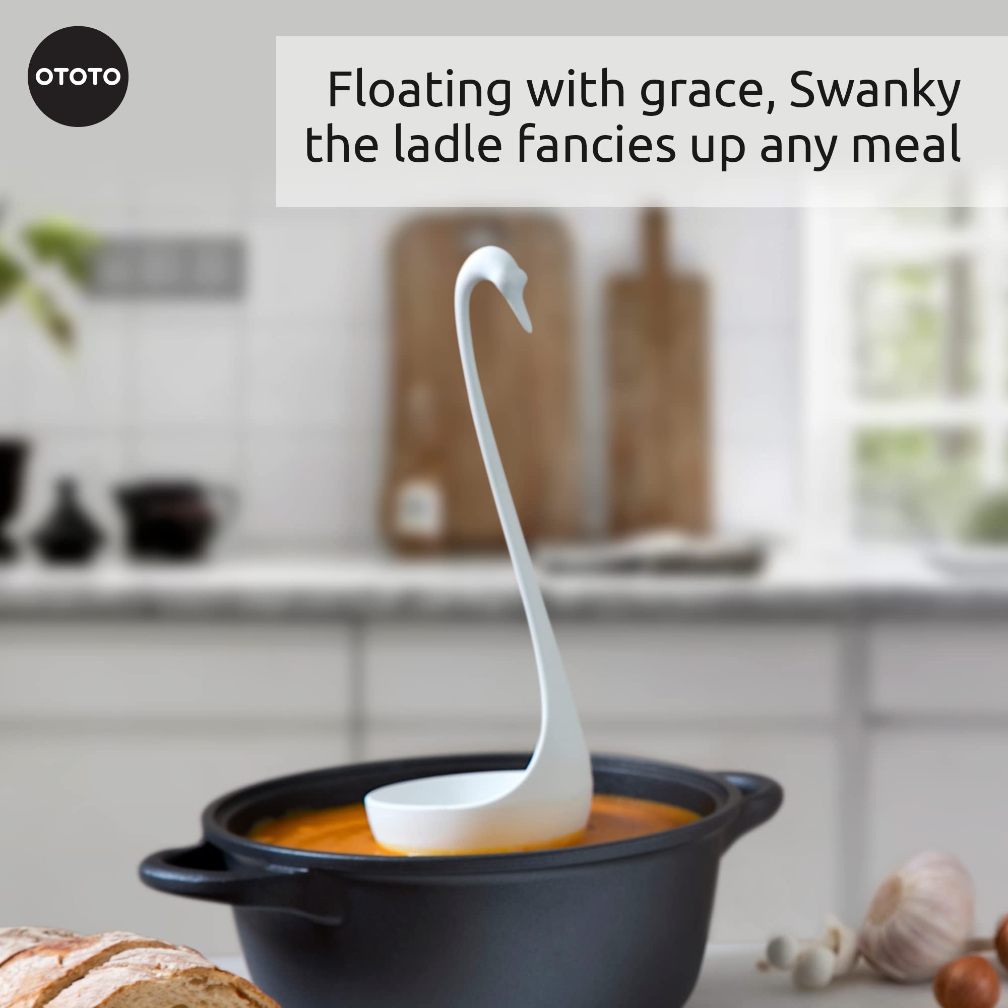 Dishwasher-safe symbol beside Swanky Swan ladle for quick cleanup