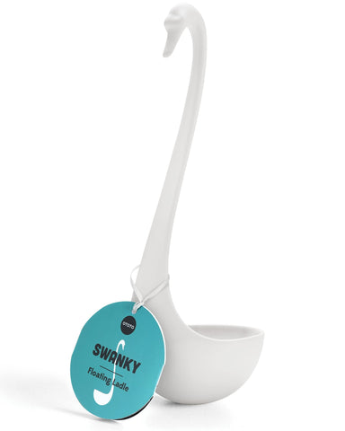 OTOTO Swanky Swan ladle in pot shows heat resistant silicone for easy scooping
