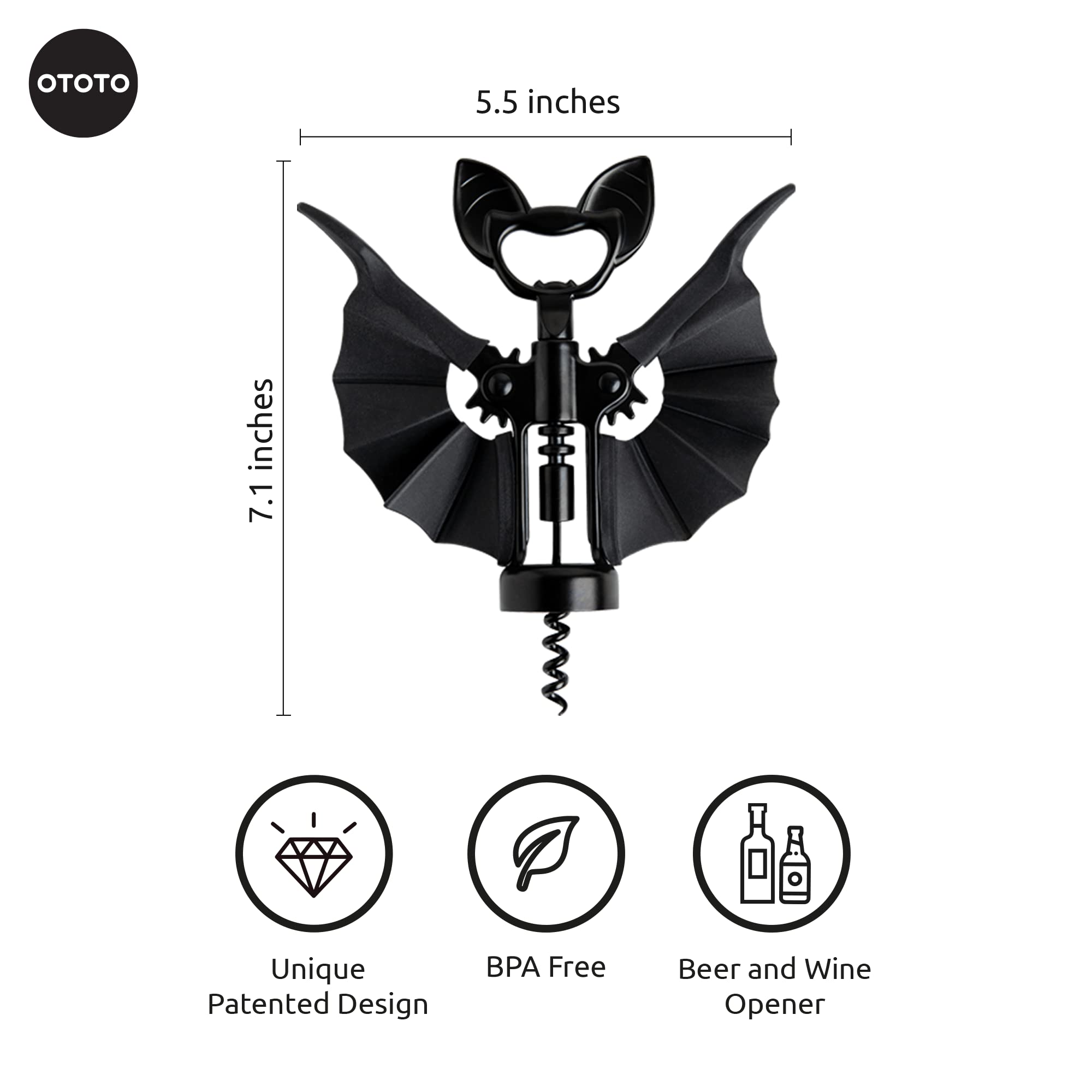 OTOTO Vino Spooky Bat bottle opener angled view for simple beer cap popping.