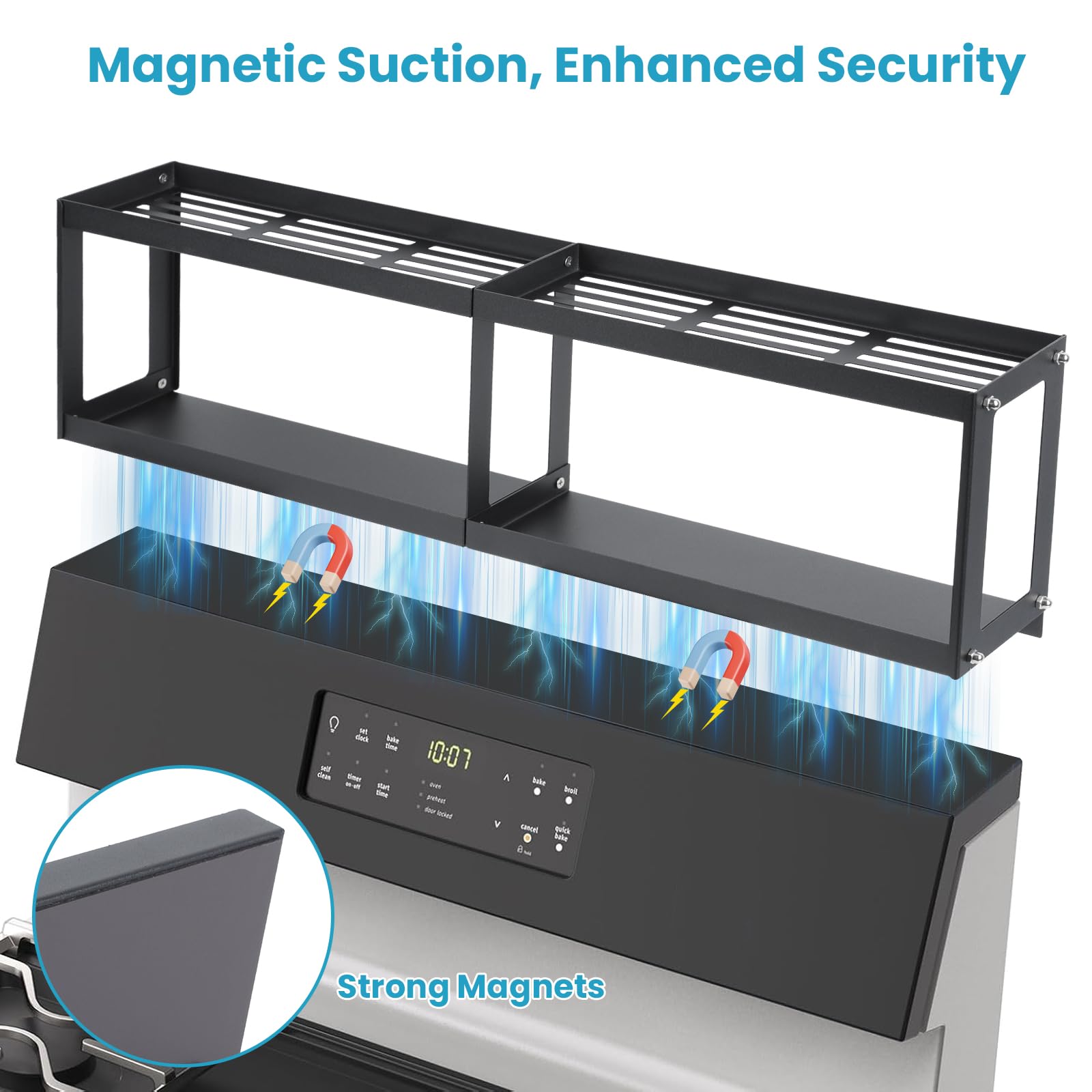 OTraki spice rack on stove-top magnets close-up highlighting secure attachment