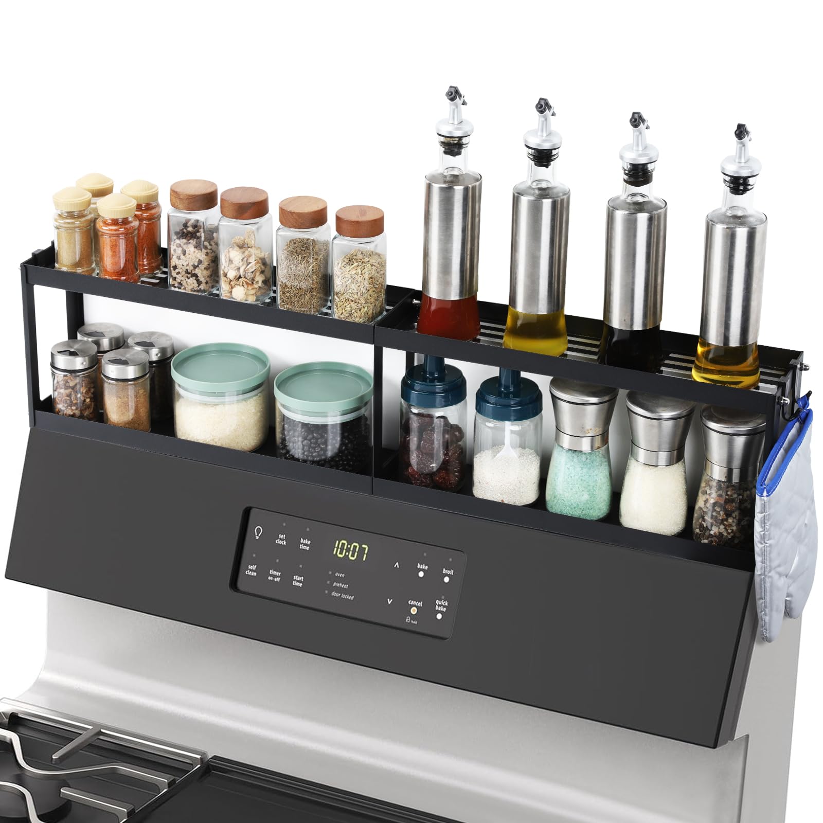 OTraki two-tier magnetic oven shelf assembled on stove, showcasing space-saving design