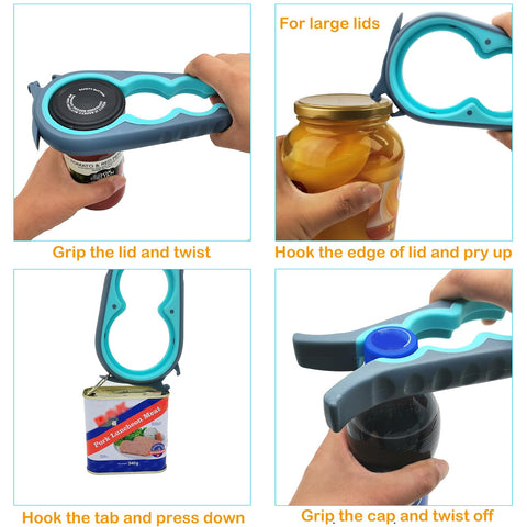 Otstar 5-in-1 bottle opener opens caps, cans, and pull-tabs