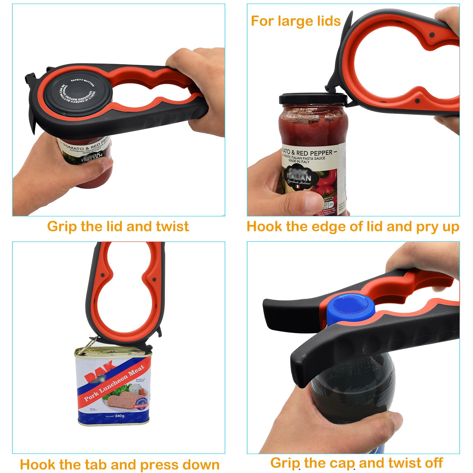Otstar 6-in-1 jar opener side view shows firm grip on slippery jars.
