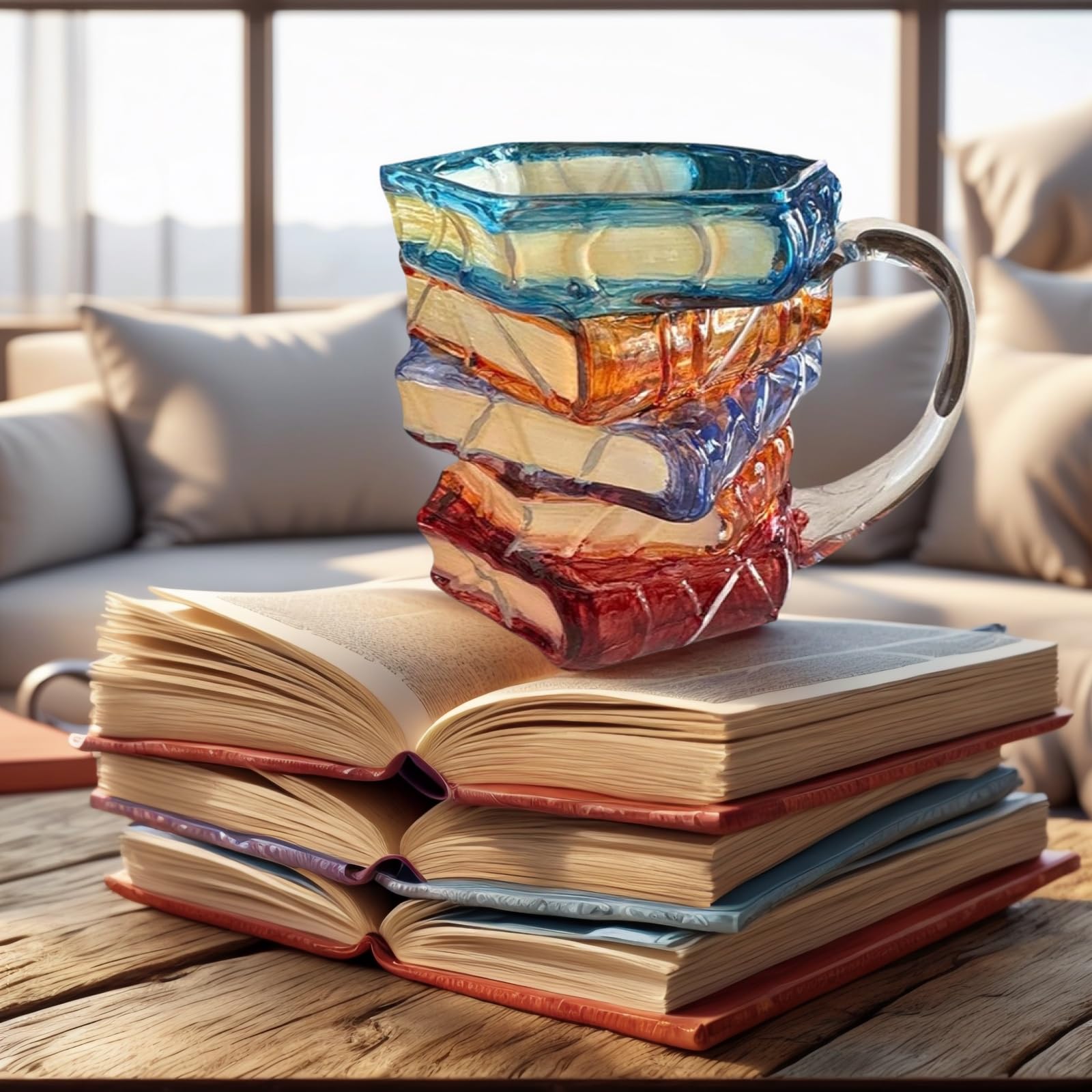 OTTNSA hand-painted literary mug showcasing vintage book stack design