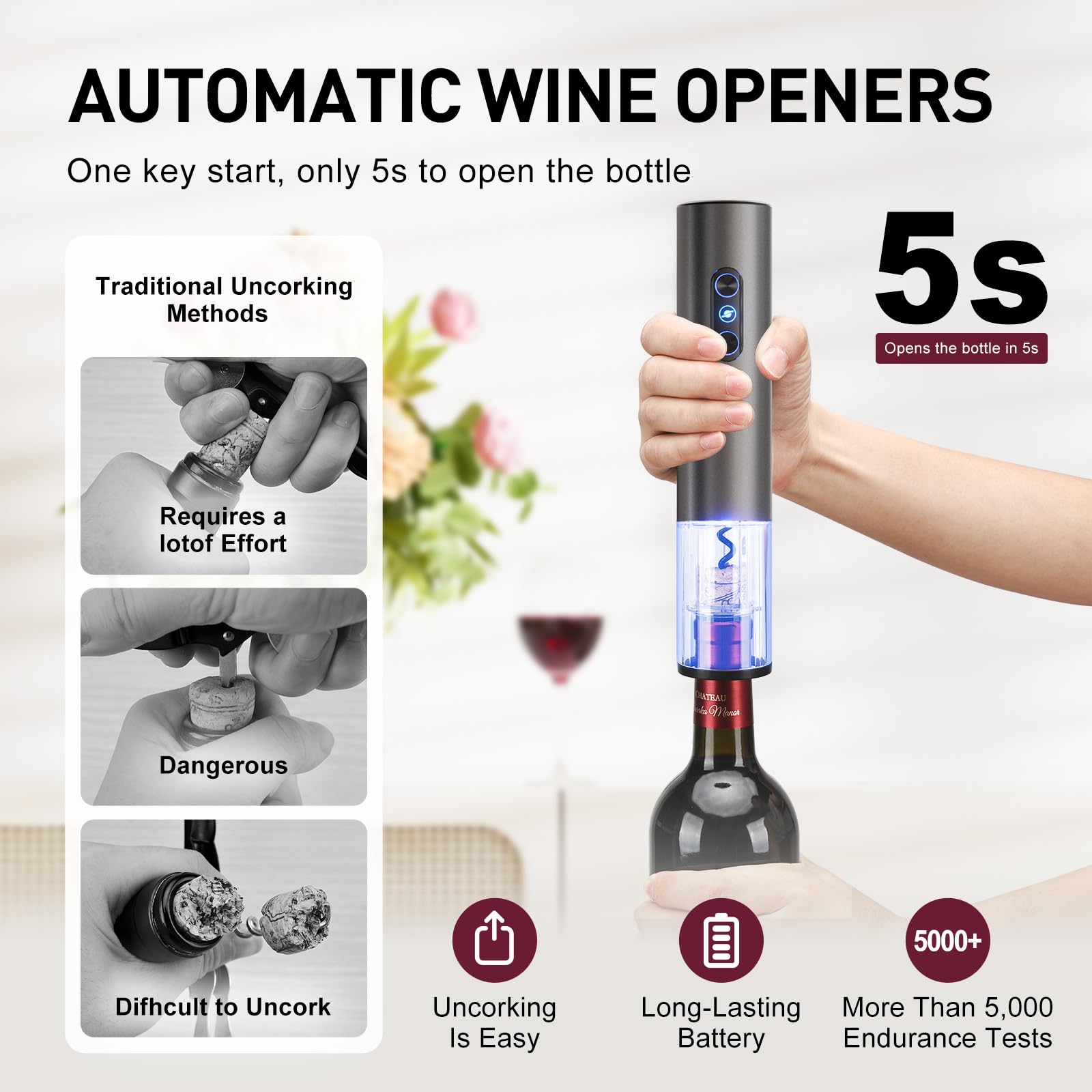 Otuseta electric wine opener includes foil cutter for clean prep before opening.