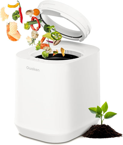 Ouaken 4L electric composter on kitchen counter turns scraps into fertilizer