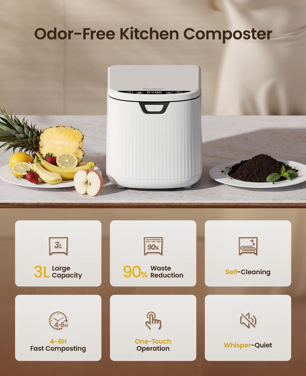 Ouaken Electric Composter on countertop with 3L capacity for daily scraps