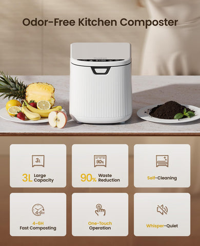Ouaken Electric Composter on countertop with 3L capacity for daily scraps