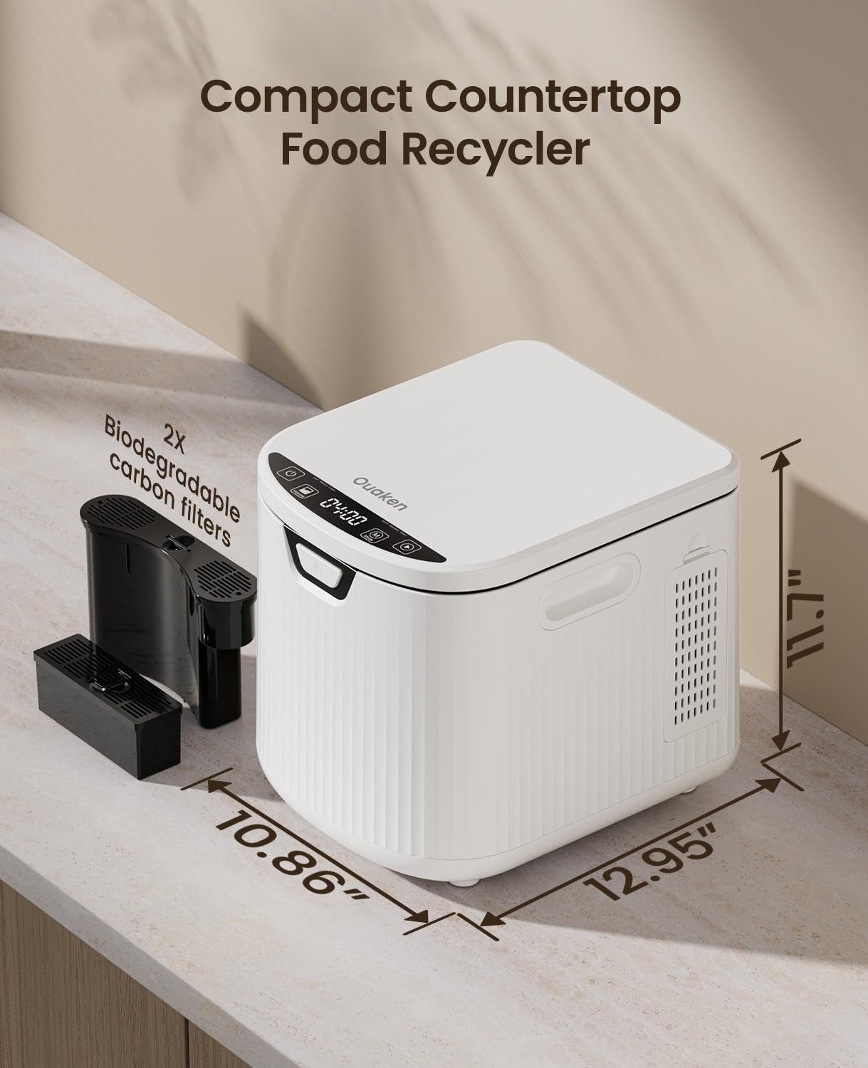 Ouaken Electric Composter dual filters reduce odors during meal prep