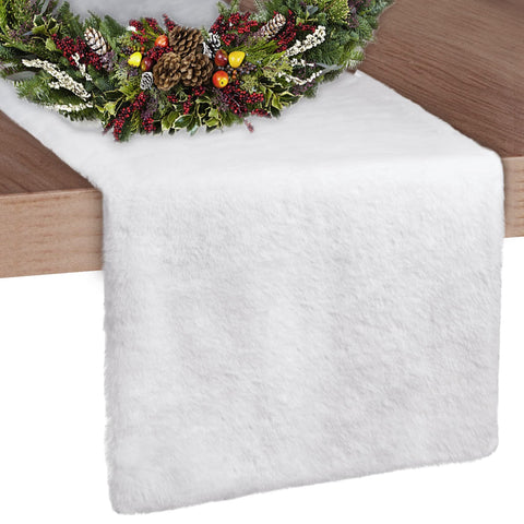Ouddy Mode Christmas table runner, front view, snowy faux fur adds festive ambiance to holiday tables.
