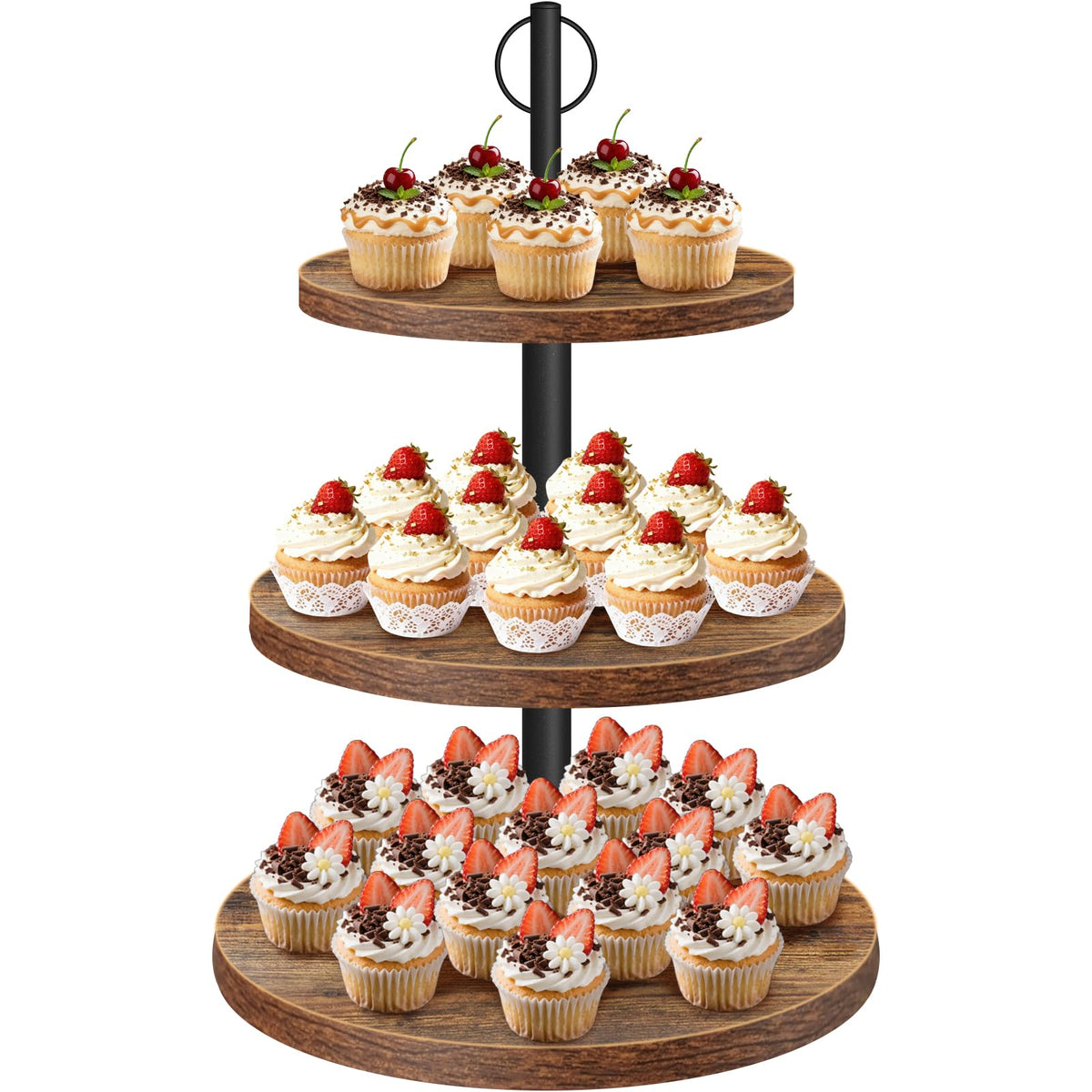 OugeWood 3-tier cupcake stand for 24 mini treats with rustic charm.