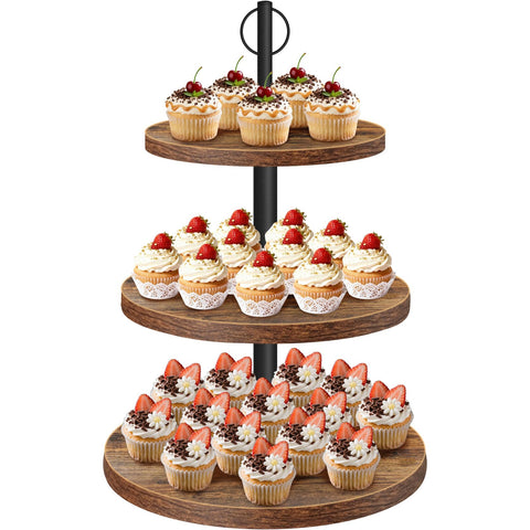 OugeWood 3-tier cupcake stand for 24 mini treats with rustic charm.