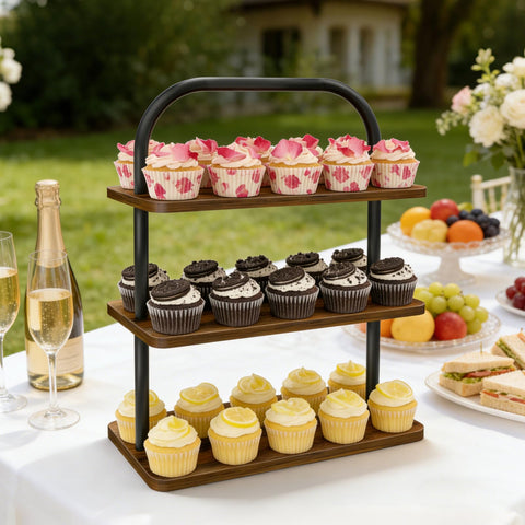 OugeWood cupcake stand with sturdy metal frame and thick MDF boards for stable use.