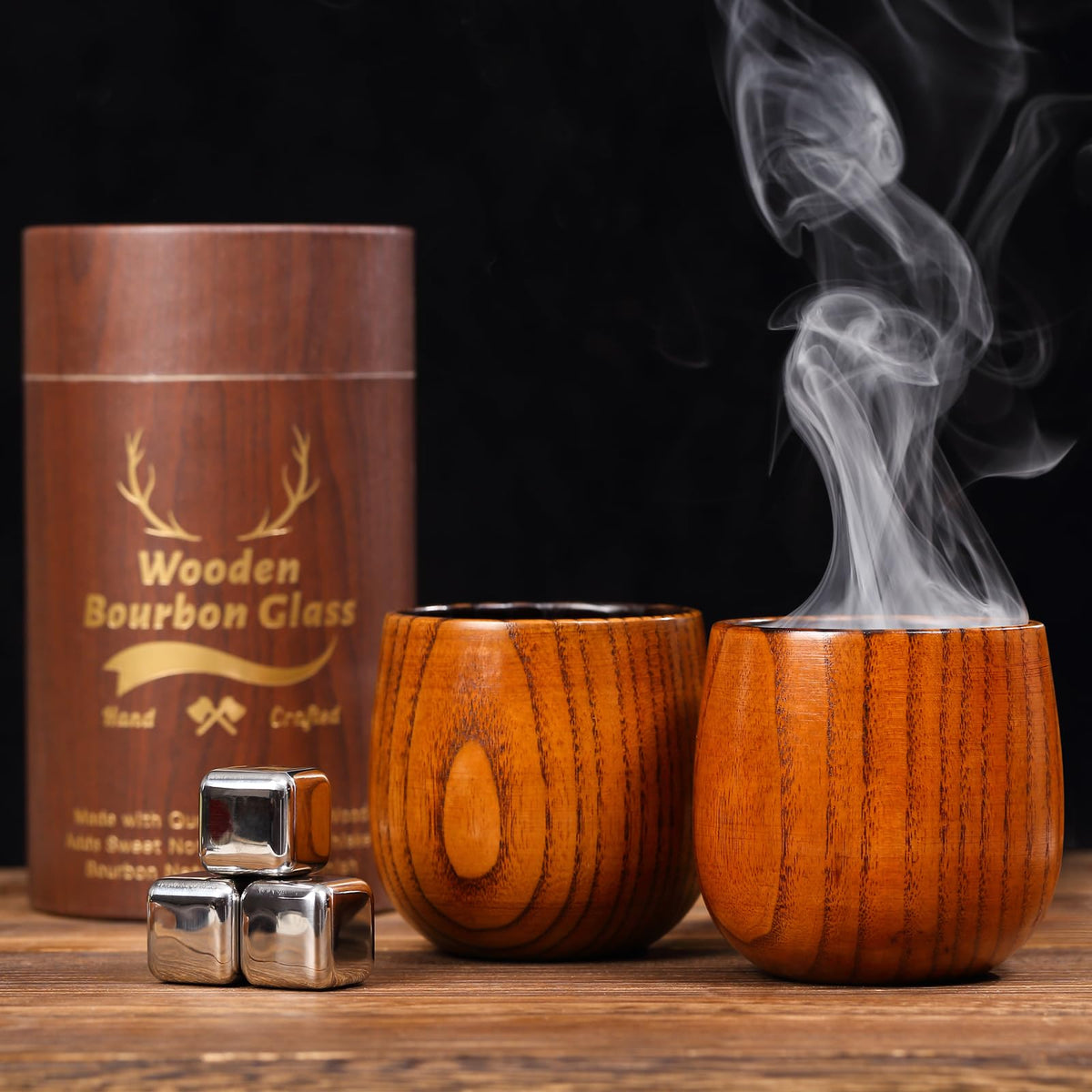 OUHT Charred Wooden Whiskey Glass pour enhances smoky bourbon aroma.