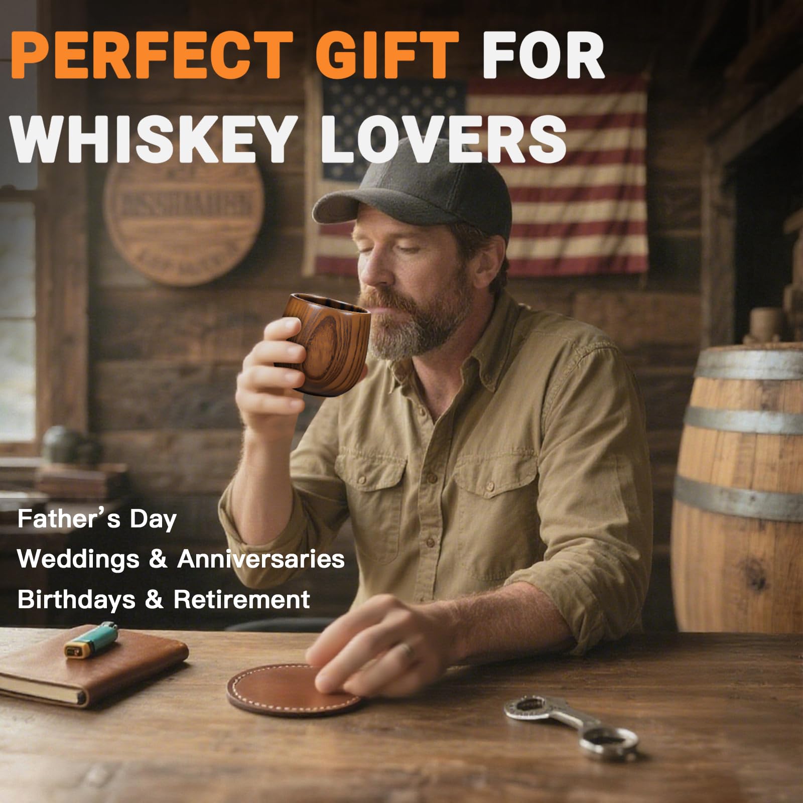 OUHT rustic wood grain detail adds character to everyday whiskey rituals.