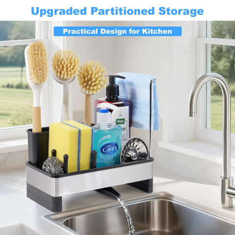 Close-up of the dish brush holder showing rust-resistant stainless steel construction.