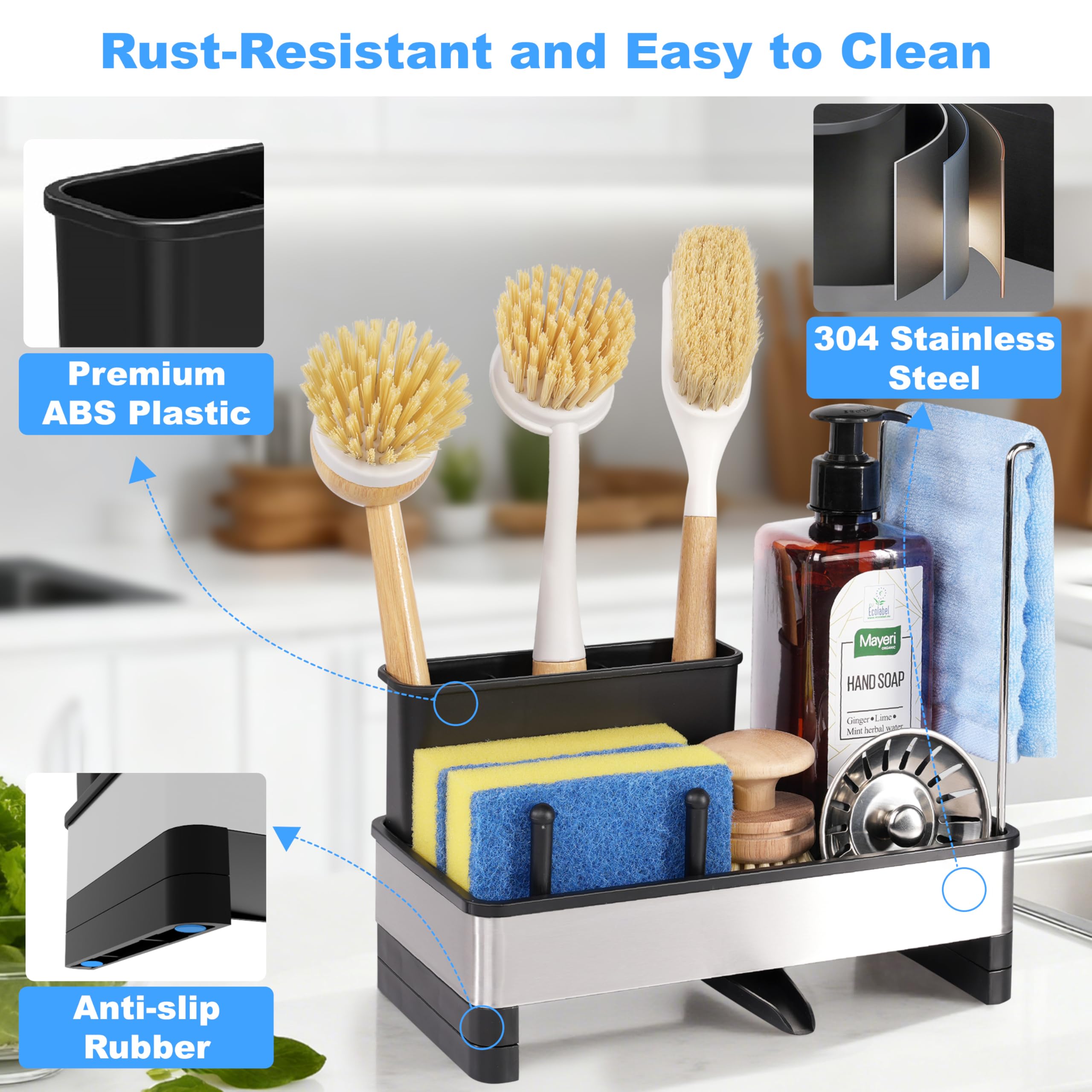 Side view of dish cloth rack and compact footprint near sink.