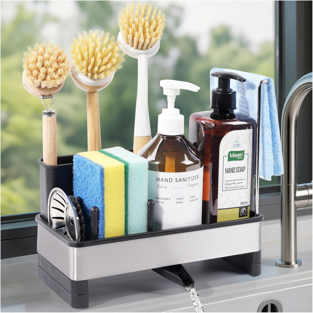 Ouletoy kitchen sink caddy front view with rotatable drain for drip-free counter tasks.