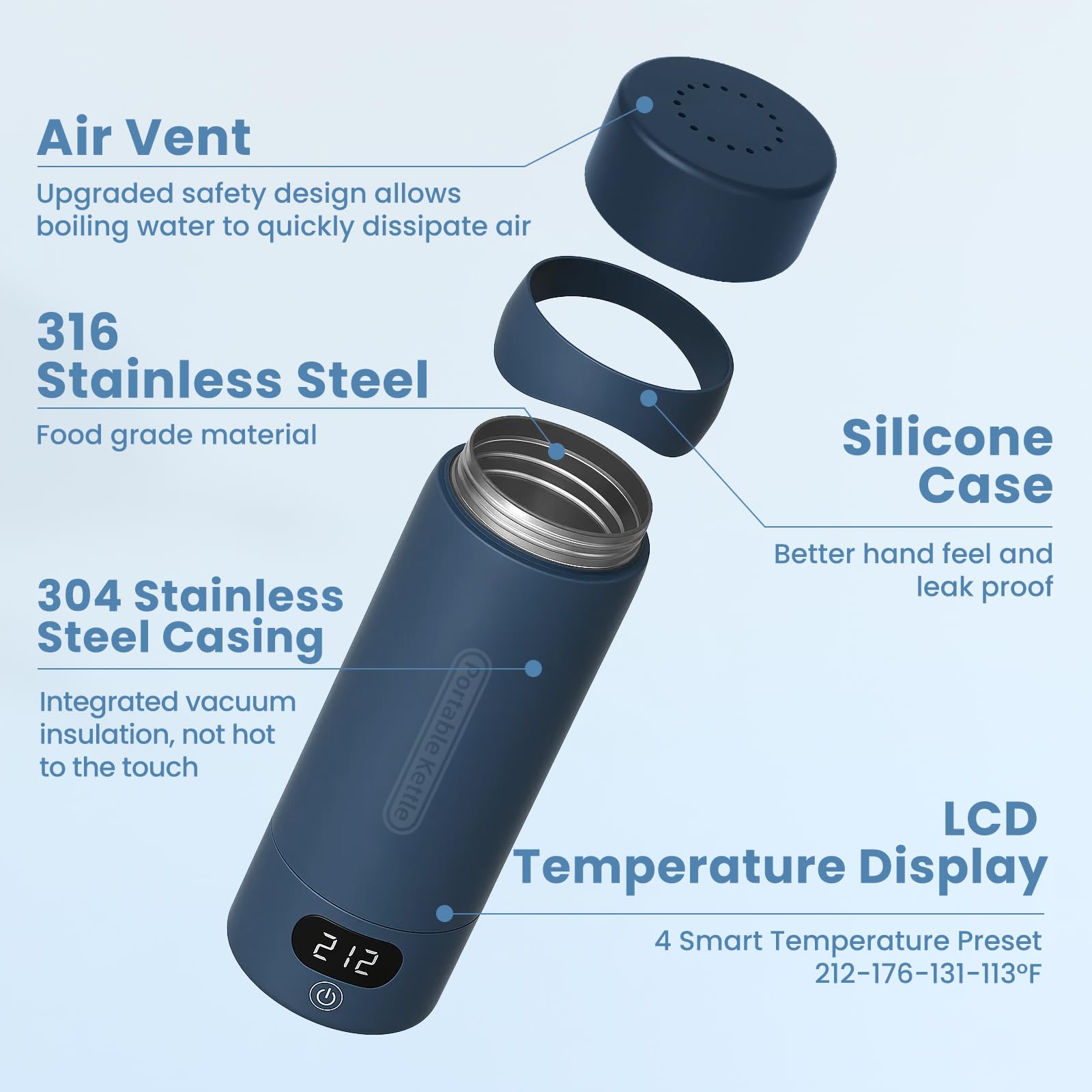 OULONGER travel kettle exterior, 304 stainless steel for durability and safety