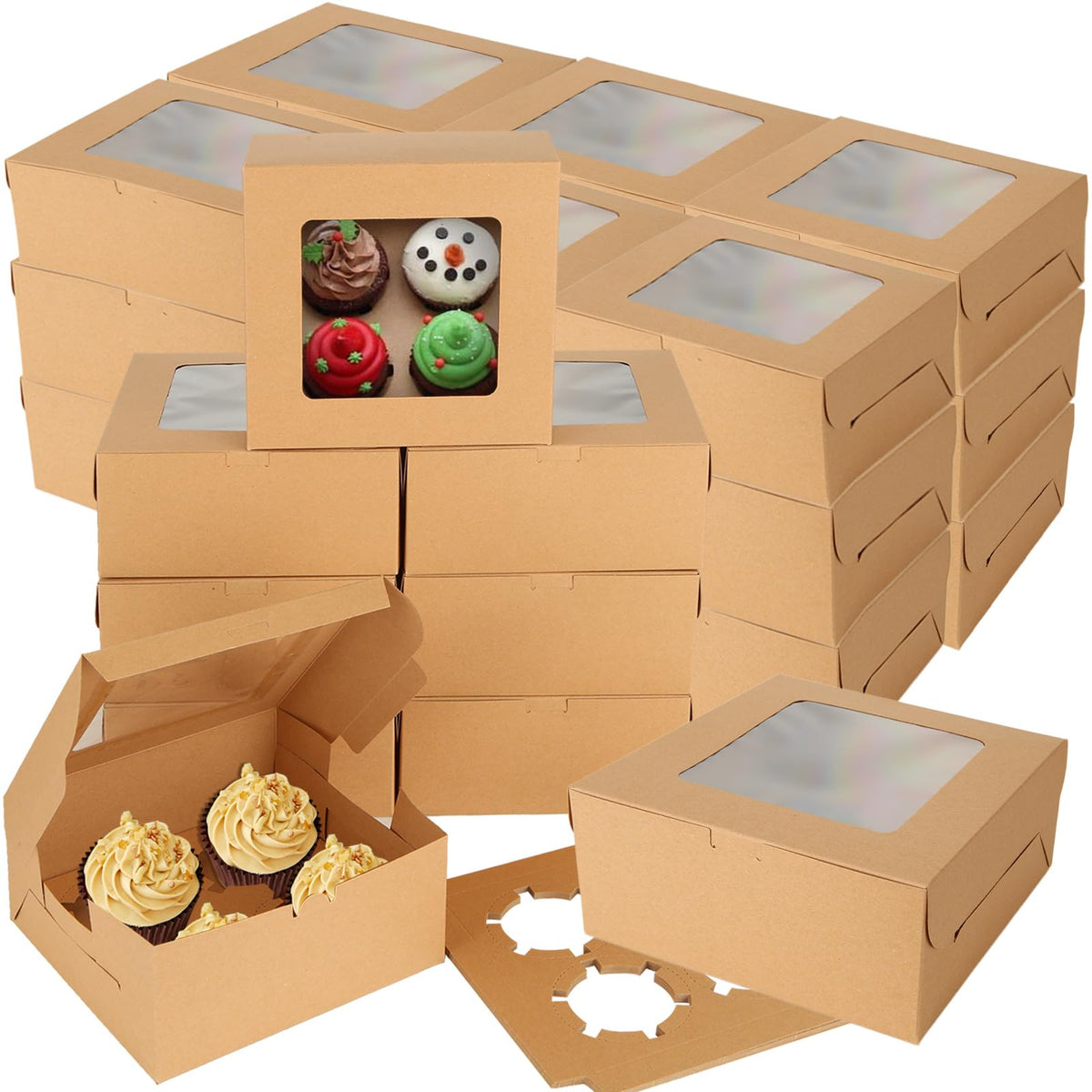 Oungy four-cavity cupcake boxes with inserts for secure transport.