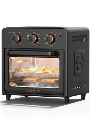 OUNIN air fryer-toaster oven front view highlights compact capacity for quick weeknight meals.