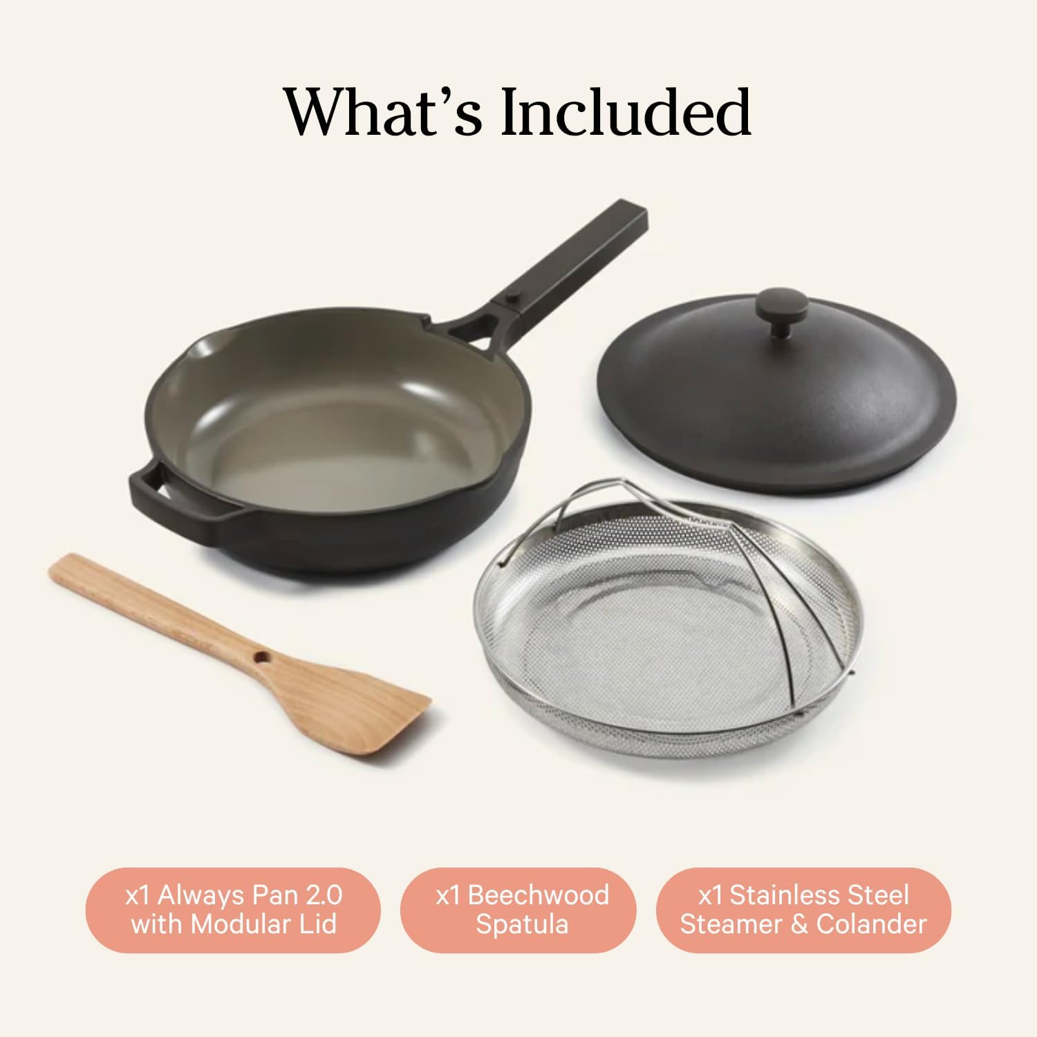 Our Place Always Pan 2.0 nesting spatula demonstrates clutter-free cooking.