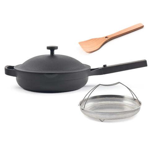 Our Place Always Pan 2.0 on the stove, enabling versatile all-in-one meals.