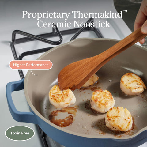 Steamer basket with integrated colander feature for gentle cooking.