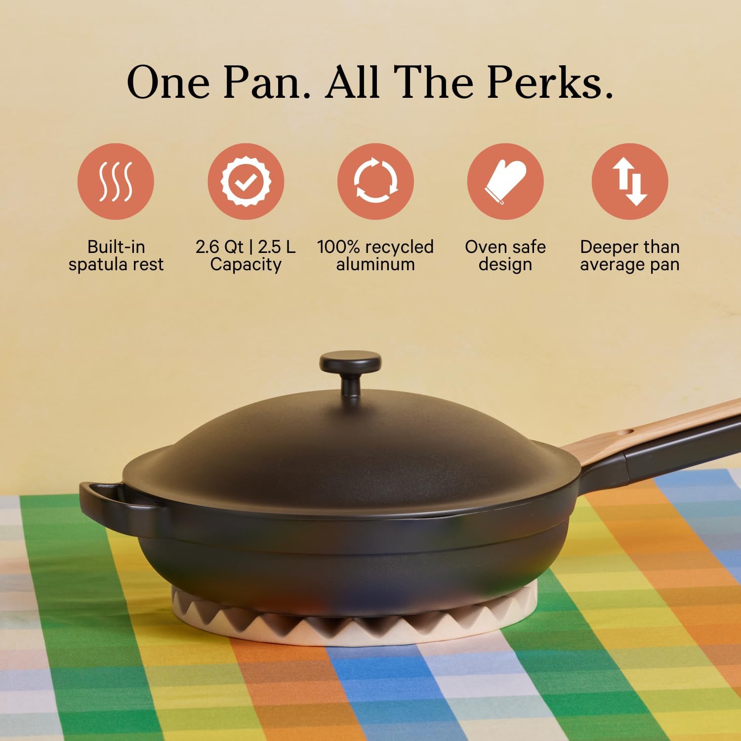 Our Place Always Pan 2.0 with steamer basket in use for quick steaming.
