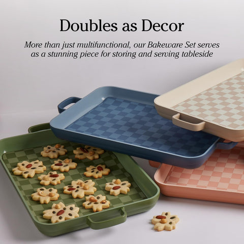 Nesting design saves space while protecting nonstick surfaces.