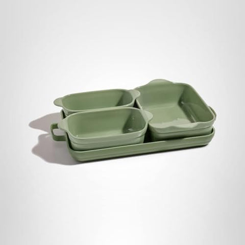 Sage-colored bakeware adds a warm, modern kitchen touch.