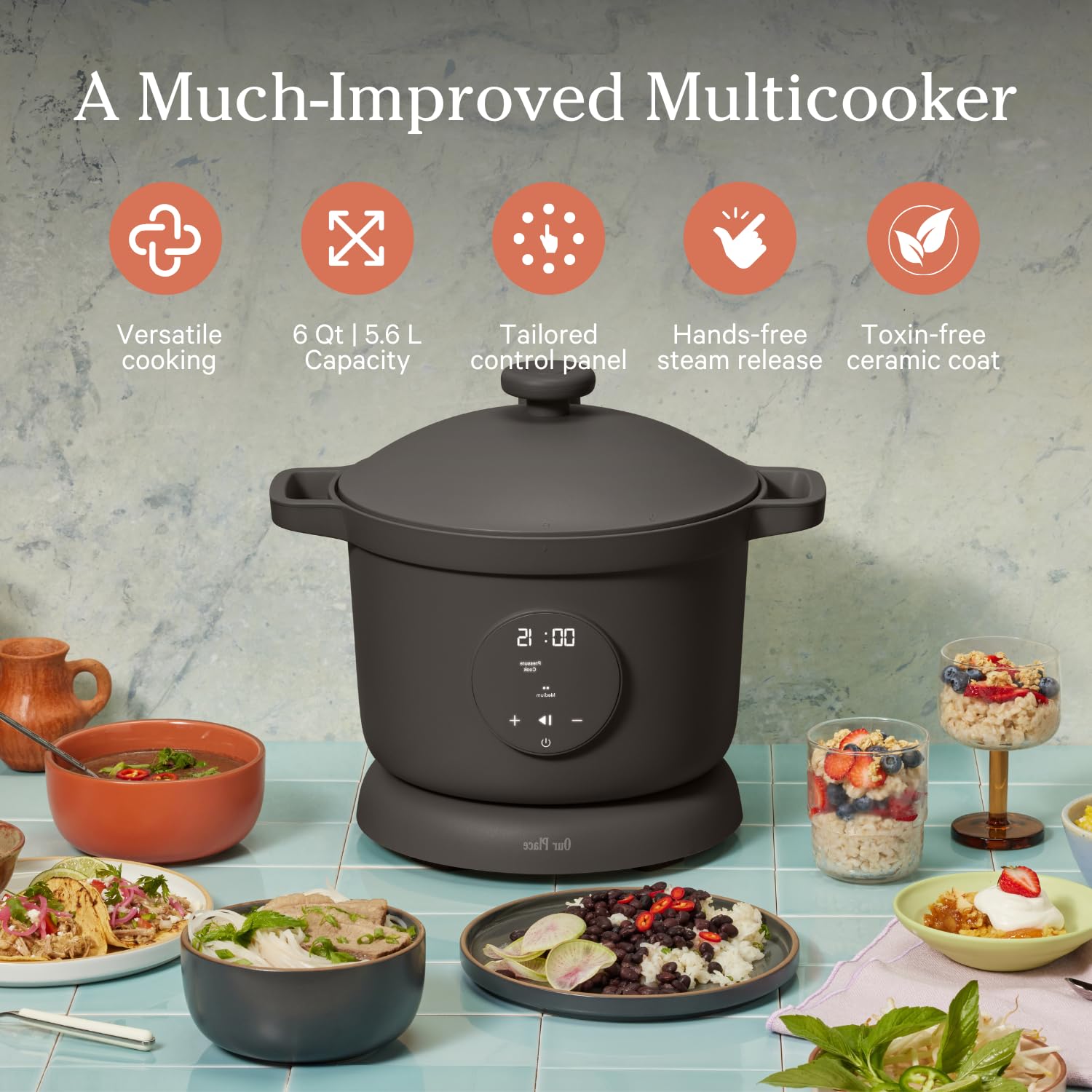Our Place Dream Cooker control panel with touchscreen settings for precise cooking