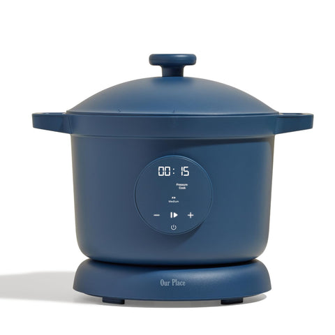 Our Place Dream Cooker front view in blue salt finish, ready for everyday weeknight meals.