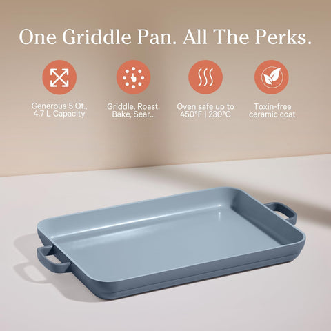 Our Place Griddle Pan ergonomic-handles close-up for easy grip with oven mitts.