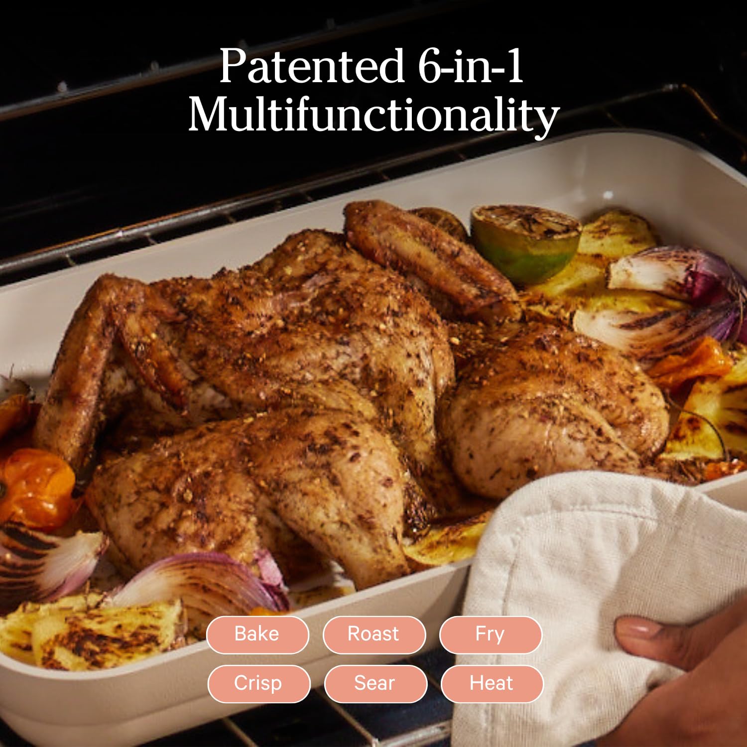 Close-up of toxin-free ceramic coating on Our Place griddle for easy food release.