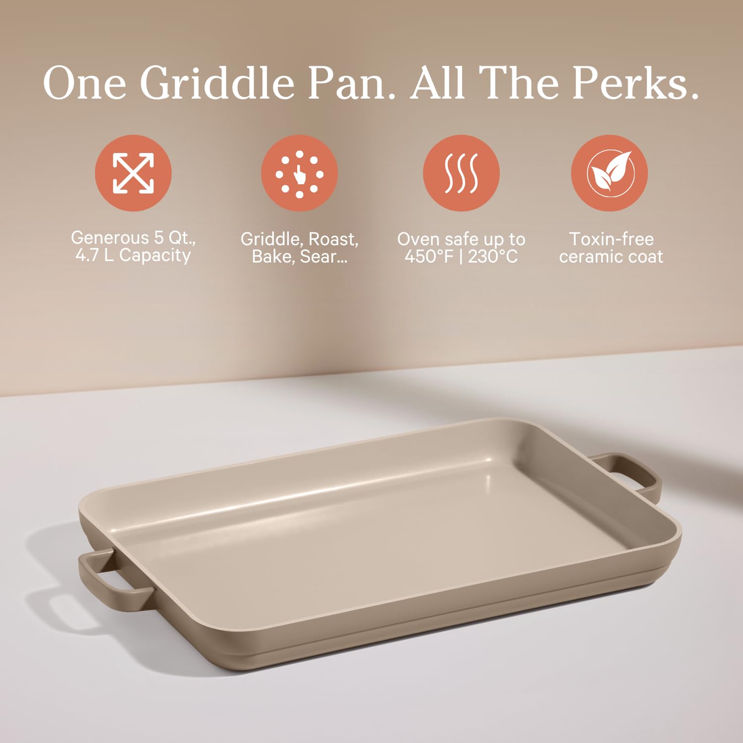 Our Place griddle pan in oven shows 450°F compatibility for roasting and baking.