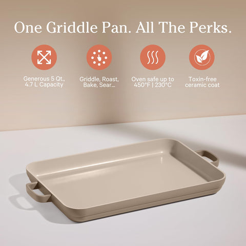 Our Place griddle pan in oven shows 450°F compatibility for roasting and baking.