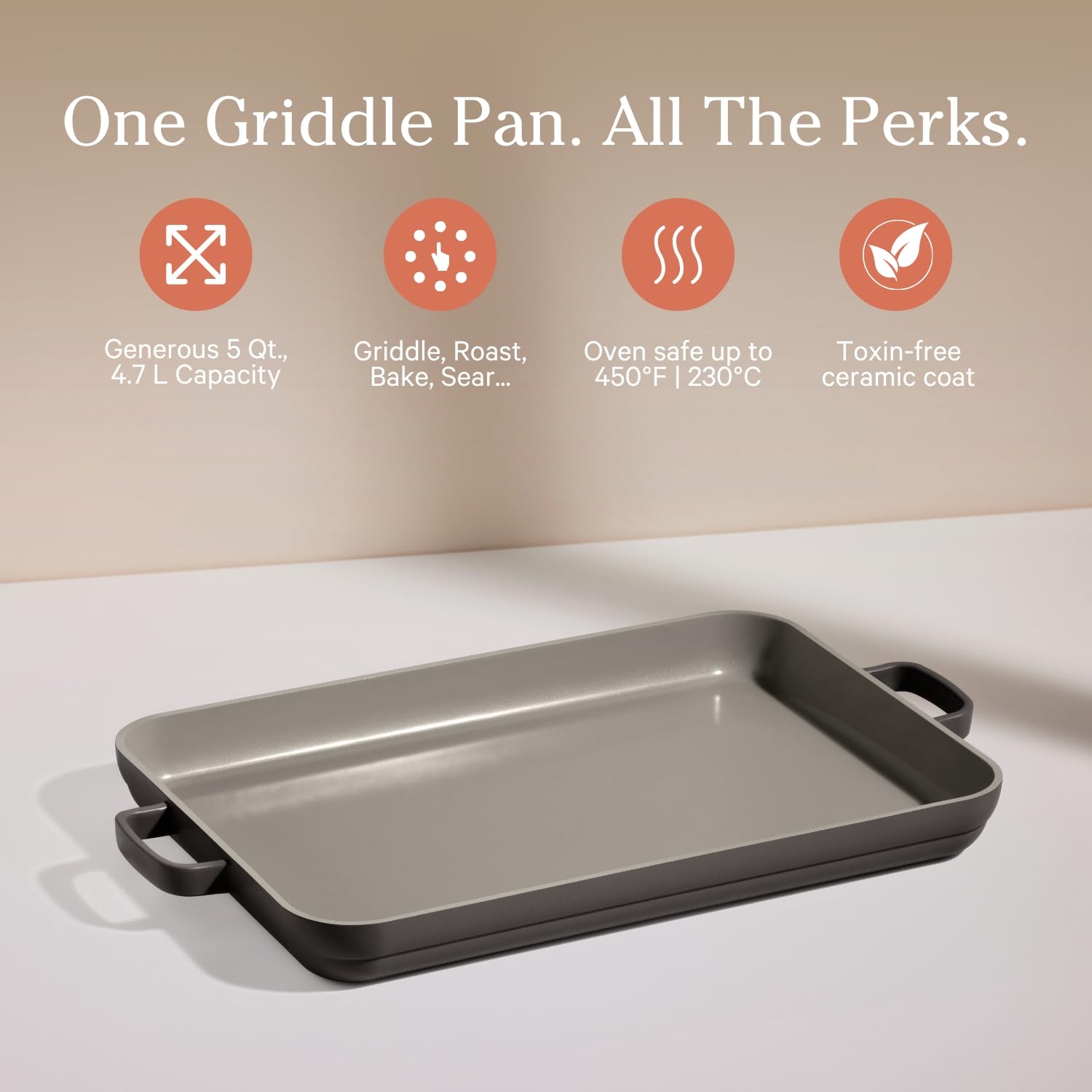 Our Place griddle pan top view highlighting spacious 5 qt capacity for feasts.