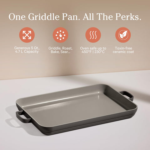 Our Place griddle pan top view highlighting spacious 5 qt capacity for feasts.